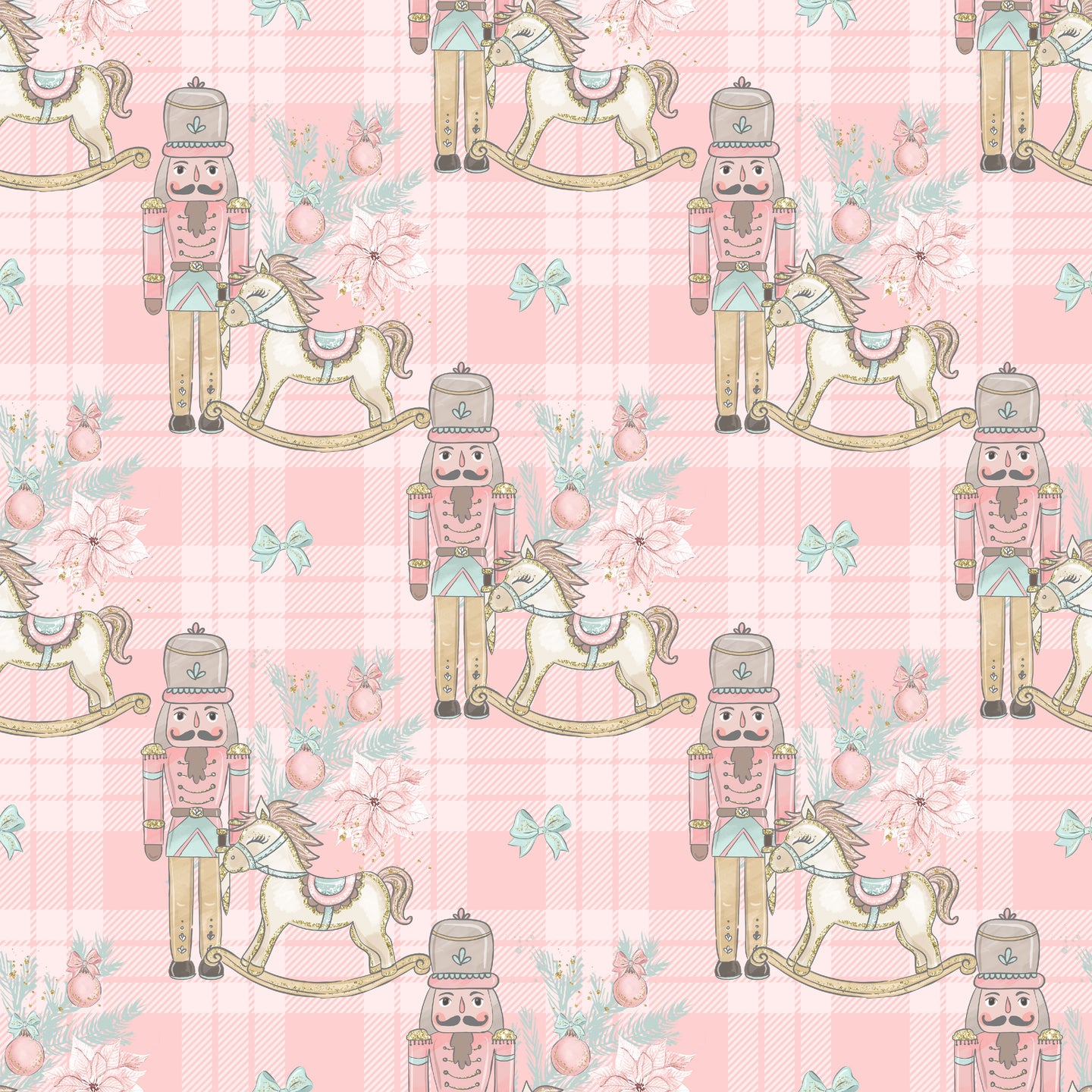 Nutcrackers on Pink Plaid Woven Sateen